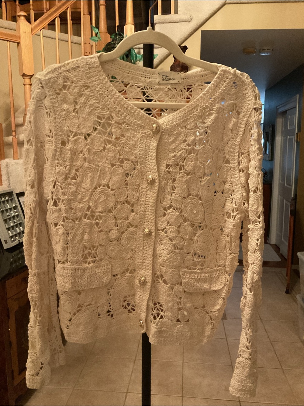 Cream Crochet Button-Front Women's Sweater Imported From Italy